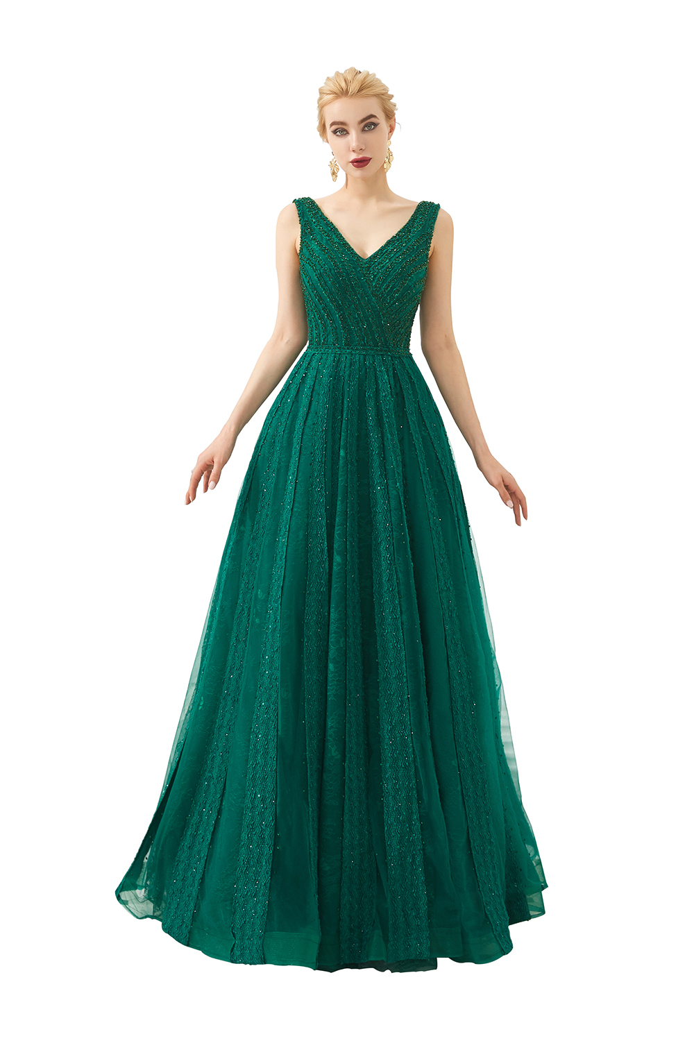 V-neck Sleeveless Sweep / Brush Train Tulle Evening Dress With Rhinestone 5
