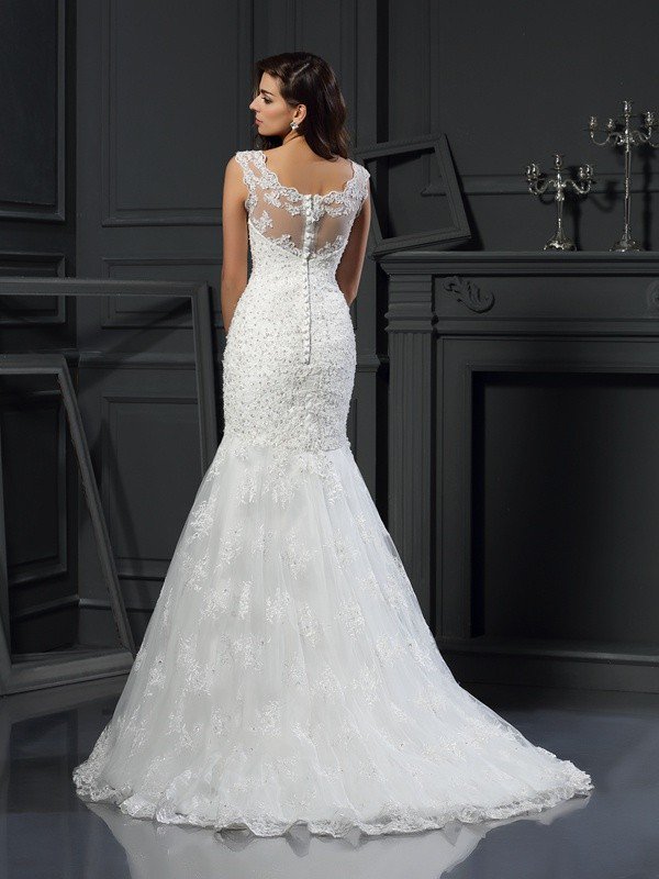Mermaid Sleeveless Floor-length Tulle Wedding Dress With Appliques 2