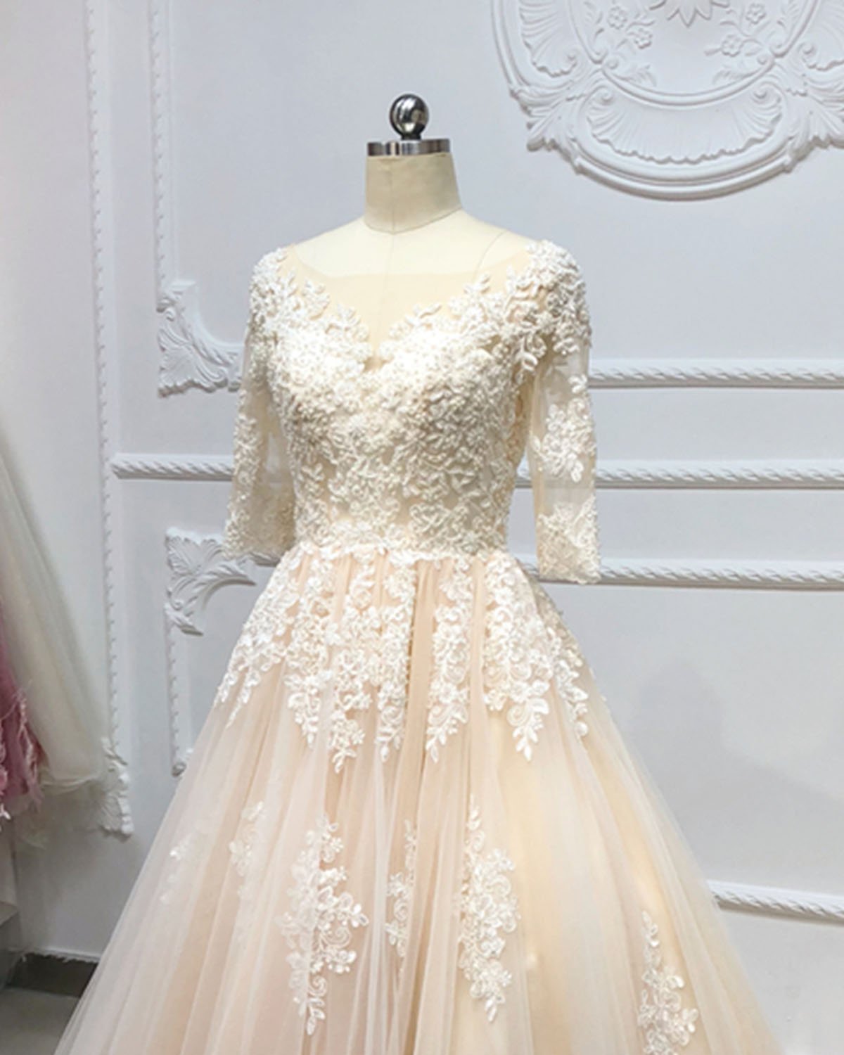 A-line Jewel Neck Half-Sleeves Floor-length Tulle Wedding Dress With Lace 4