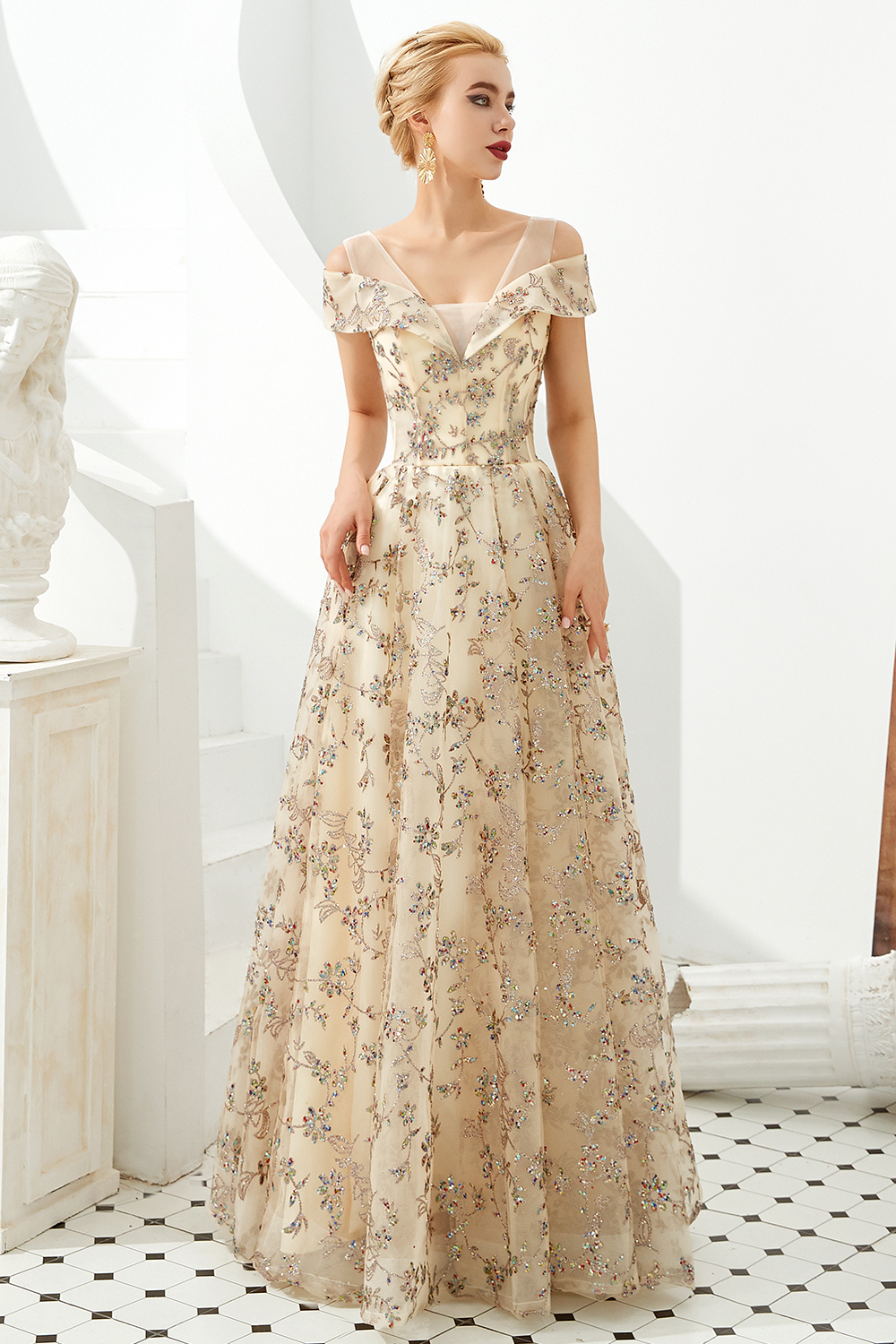 A-line V-neck Cap Sleeves Sweep / Brush Train Tulle Evening Dress With Sequins 6