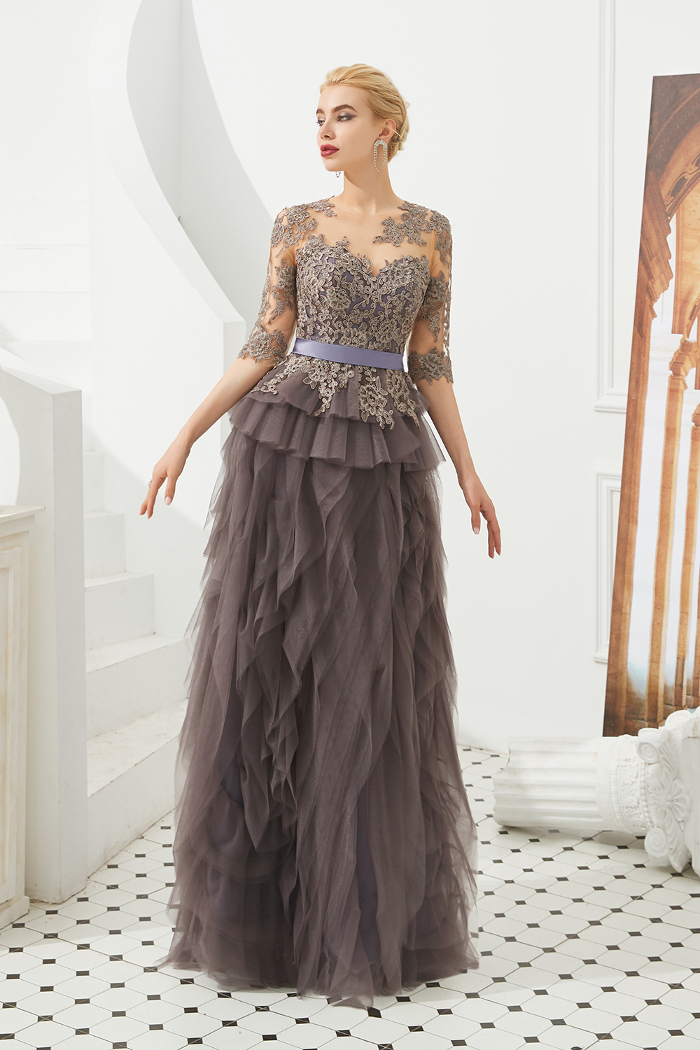 A-line Jewel Neck Short Sleeves Sweep / Brush Train Tulle Wedding Gown With Lace 6