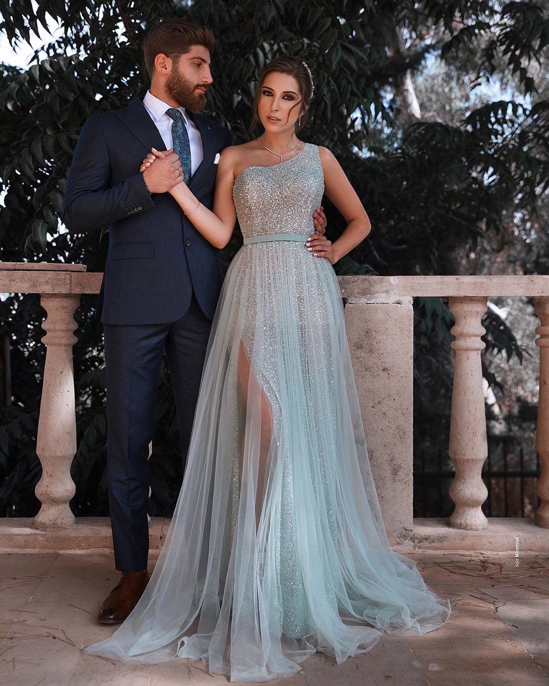 A-line One Shoulder Sleeveless Sweep / Brush Train Tulle Evening Dress With Sequins 2