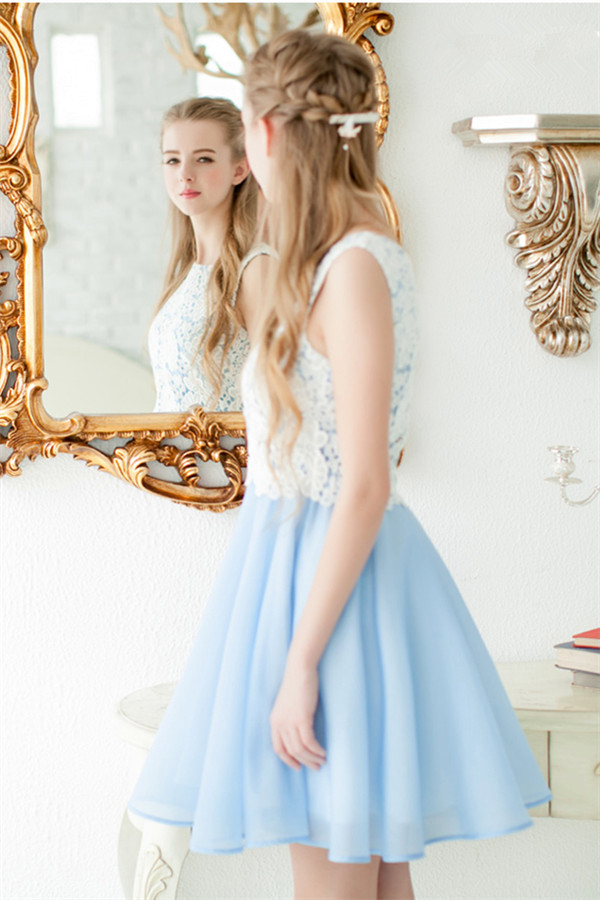 A-line Jewel Neck Sleeveless Knee-length 100D Chiffon Homecoming Dress With Lace 2