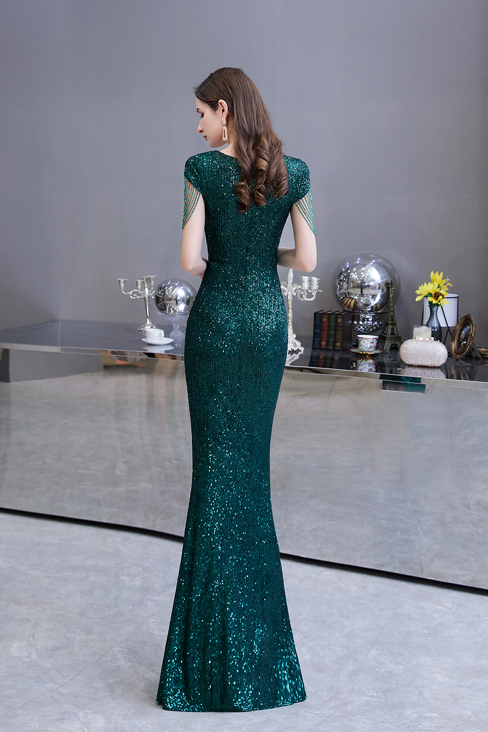 Mermaid V-neck Short Sleeves Sweep / Brush Train Evening Gown With Sequins 3