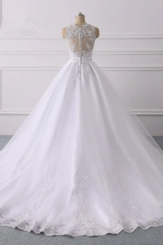 A-line V-neck Sleeveless Floor-length Satin Bridal Dress With Appliques 2