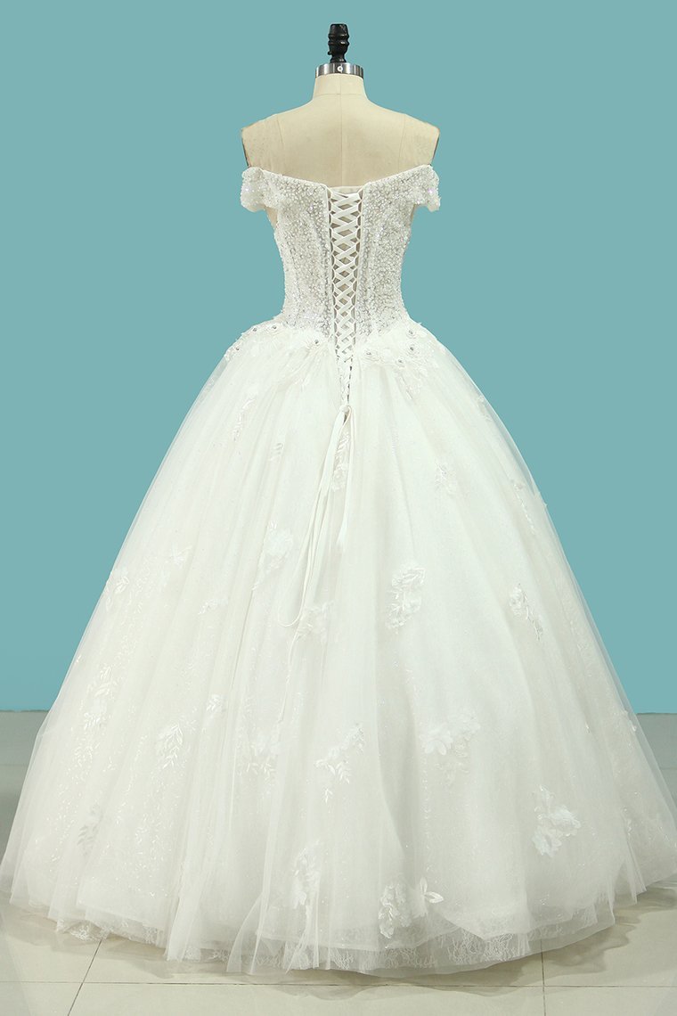 Ball Gown Off-the-shoulder Sweetheart Neck Sleeveless Floor-length Tulle Bridal Dress With Appliques 2