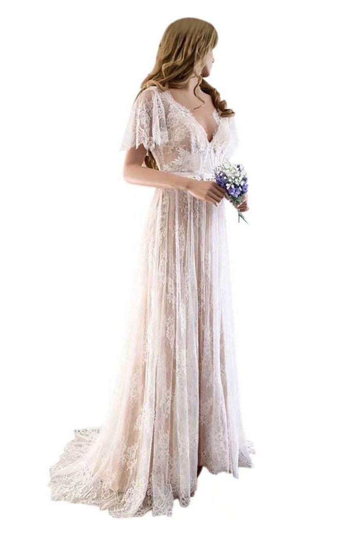V-neck Cap Sleeves Tulle Wedding Dress With Lace 3