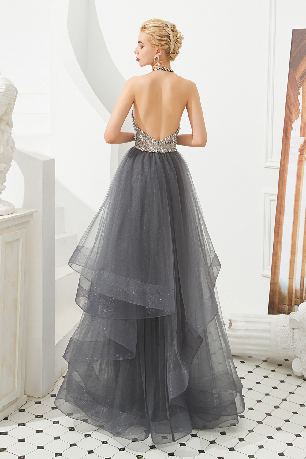 Ball Gown Halter-neck Sleeveless Sweep / Brush Train Tulle Bridal Attire With Crystal 5