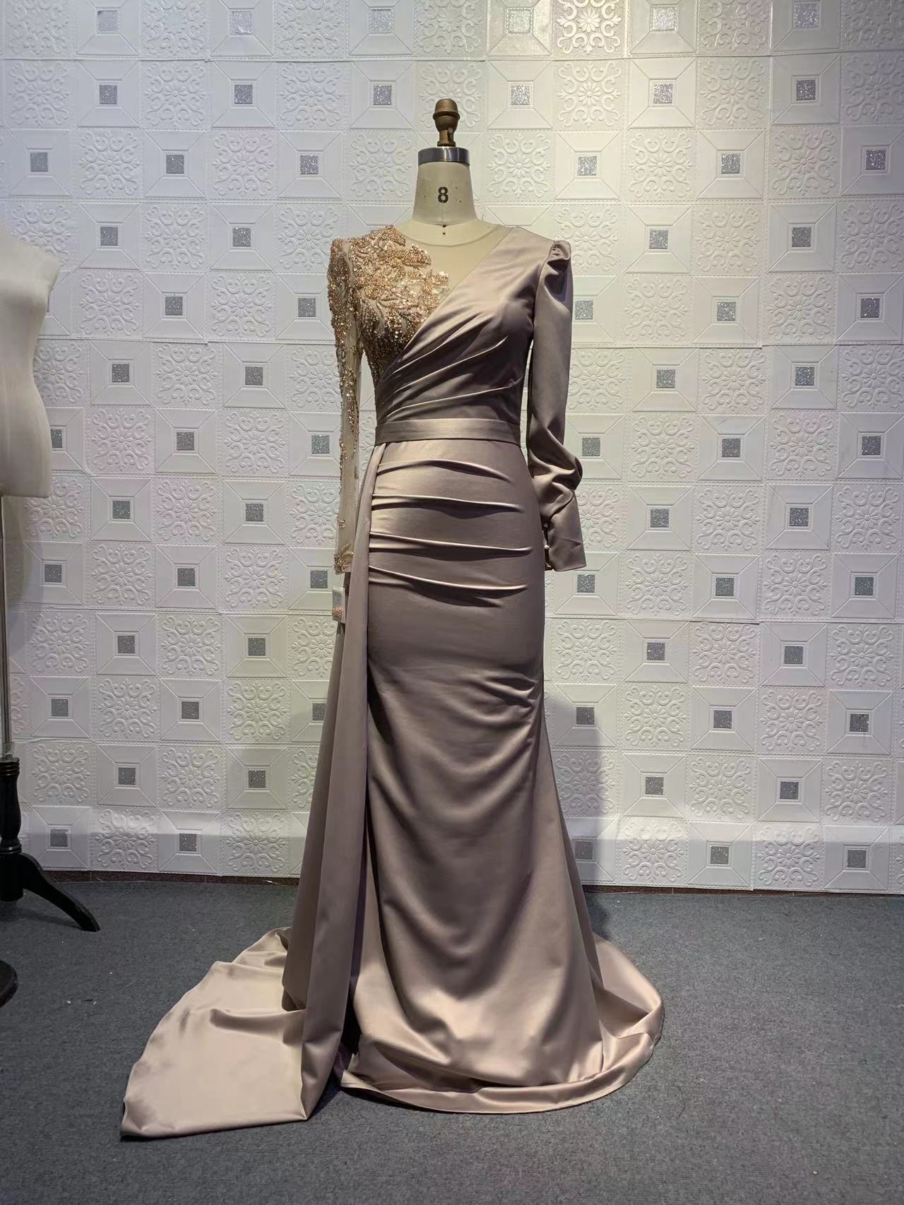 A-line Jewel Neck Long Sleeves Court Train Stretch Satin Evening Dress With Crystal 2