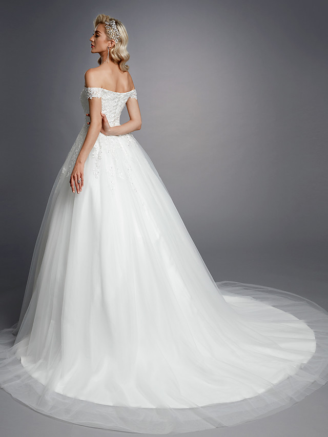 Ball Gown Short Sleeves Court Train Tulle Bridal Gown With Lace 2