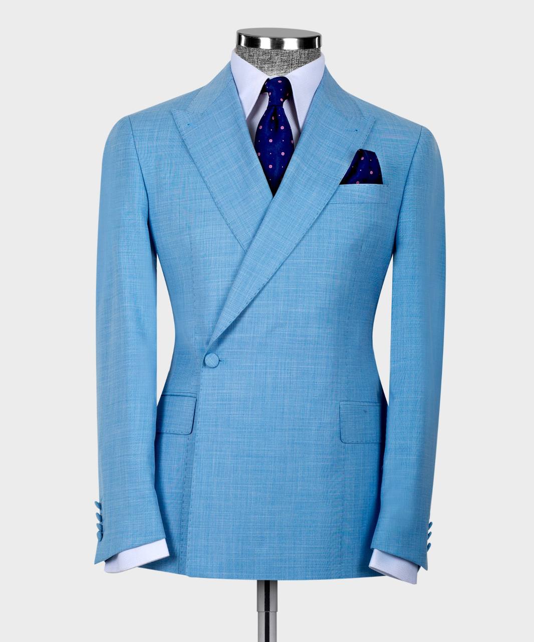 Sky Blue Peaked Lapel Two Pieces Men Suit 4
