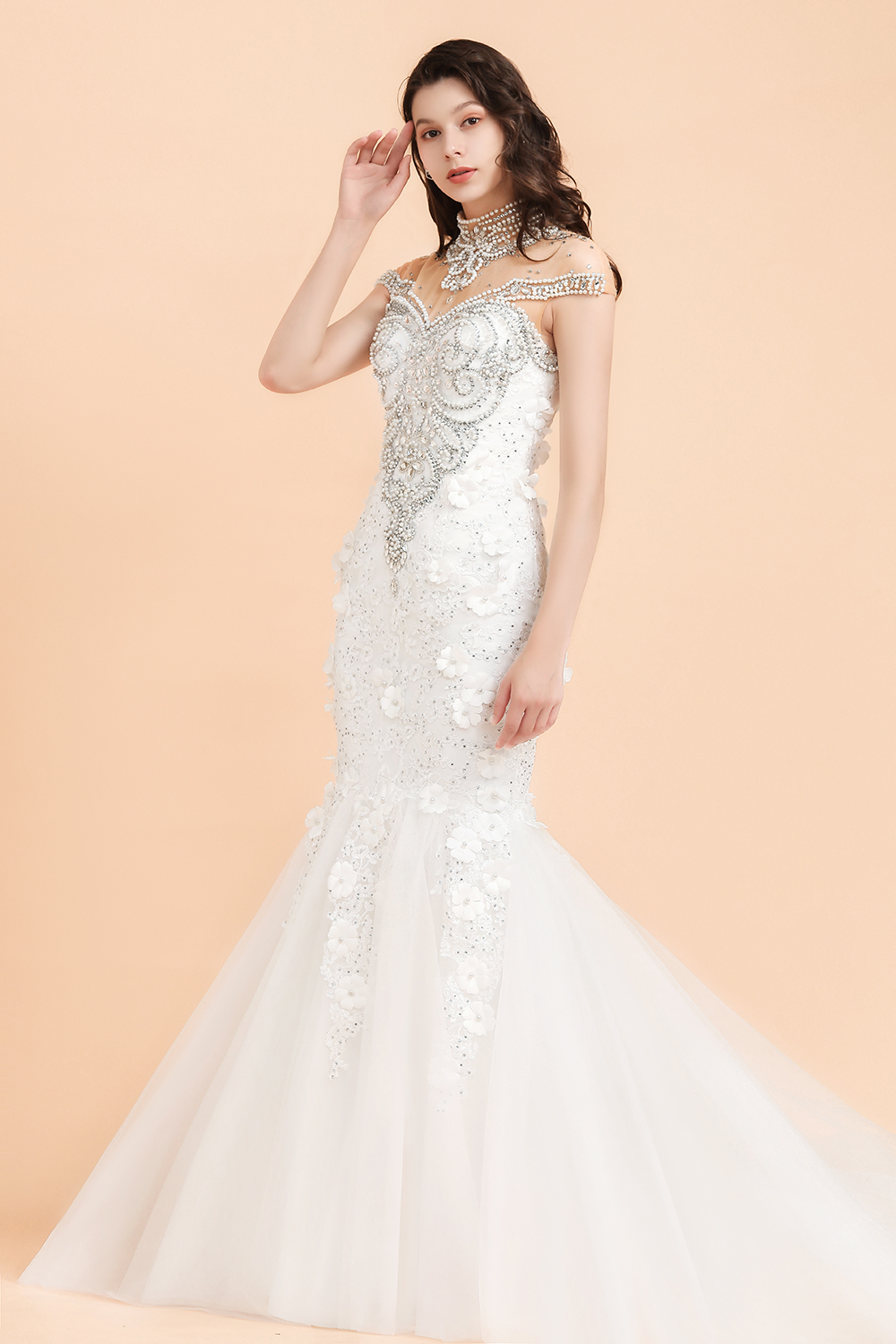 Mermaid High Neck Sleeveless Sweep / Brush Train Tulle Wedding Gown With Crystal 6
