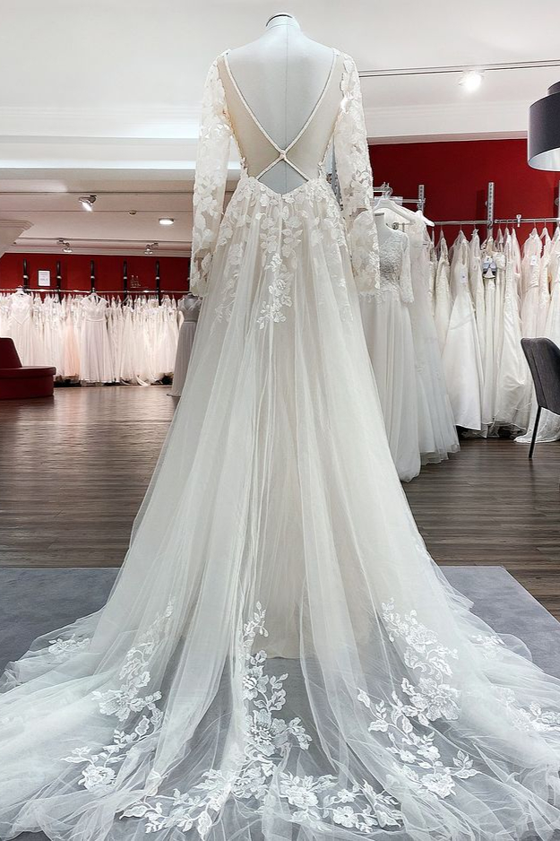 A-line V-neck Long Sleeves Sweep / Brush Train Tulle Bridal Gown With Ruffles 2