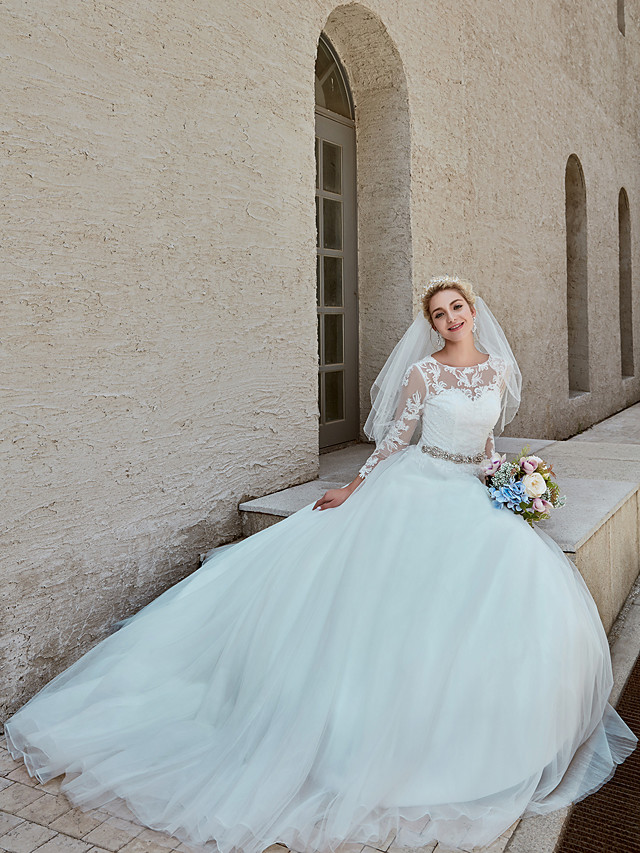 Ball Gown Bateau Neck Long Sleeves Chapel Train Tulle Bridal Gown With Lace 6