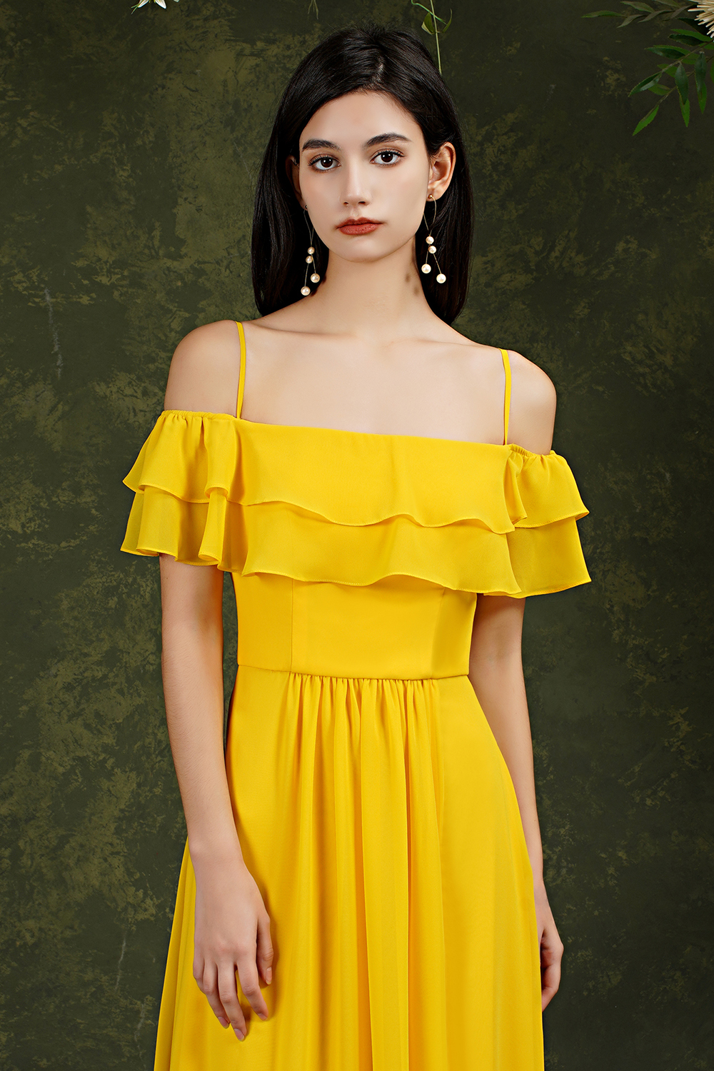 A-line Spaghetti Straps Cap Sleeves Floor-length 100D Chiffon Bridesmaid Dress With Split Front 7