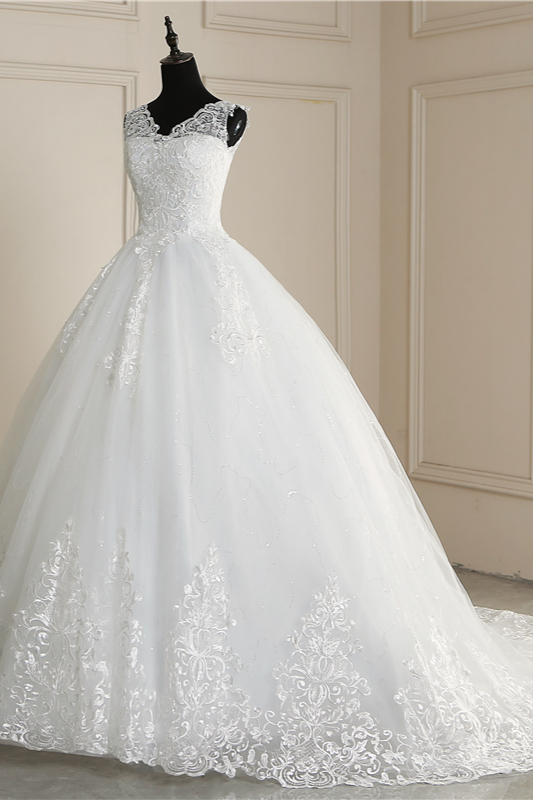 A-line V-neck Sleeveless Floor-length Tulle Bridal Attire With Lace 4