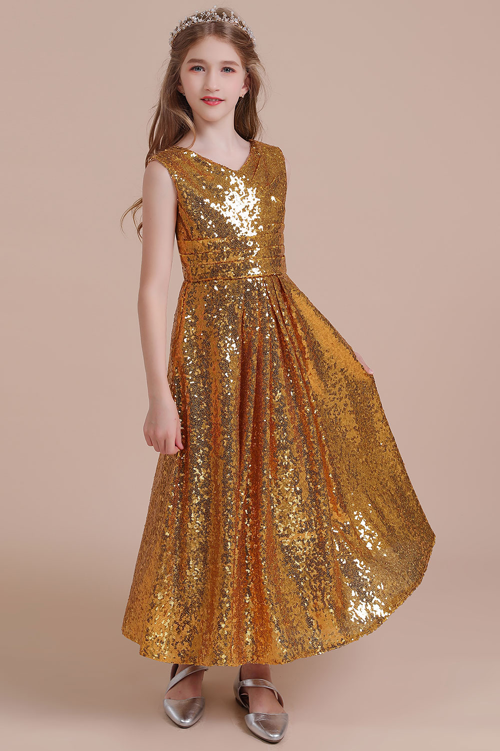 A-line V-neck Sleeveless Ankle-length Flower Girl Dress With Sequins 4