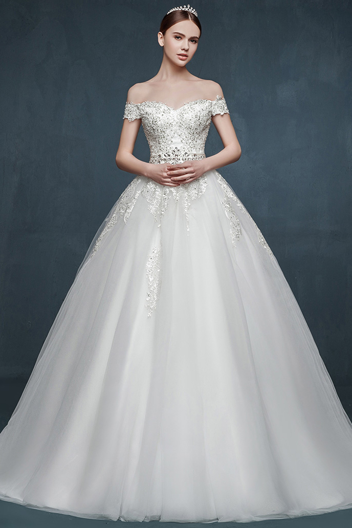 Ball Gown Off-the-shoulder Sleeveless Floor-length Tulle Bridal Dress With Crystal 5