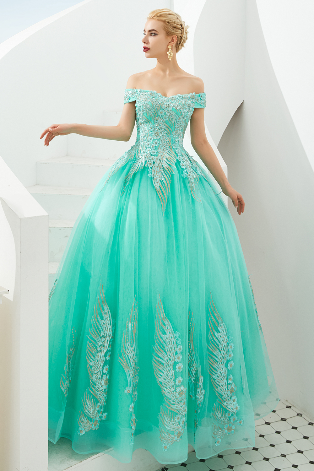 Ball Gown Off-the-shoulder Cap Sleeves Sweep / Brush Train Tulle Formal Dress With Beading 11