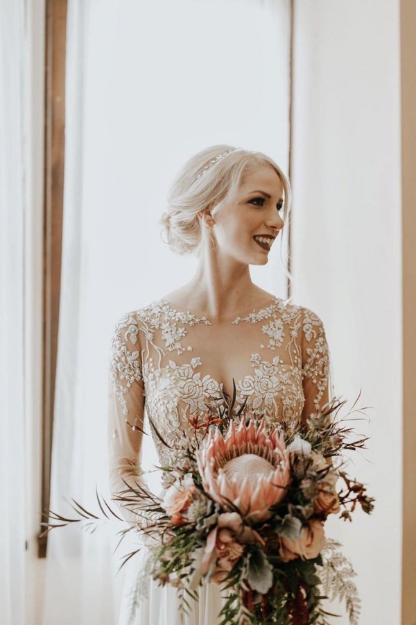 A-line Jewel Neck Long Sleeves Court Train 100D Chiffon Wedding Dress With Lace 3