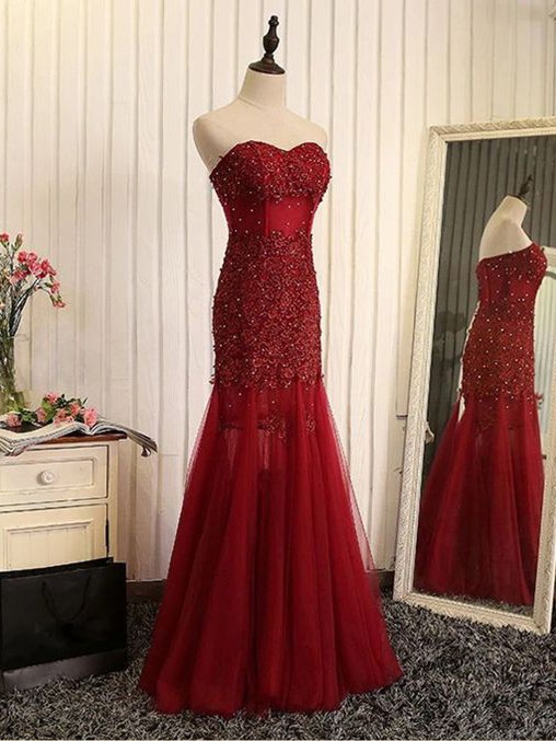 Mermaid Sweetheart Neck Sleeveless Floor-length Tulle Evening Dress With Beading 3