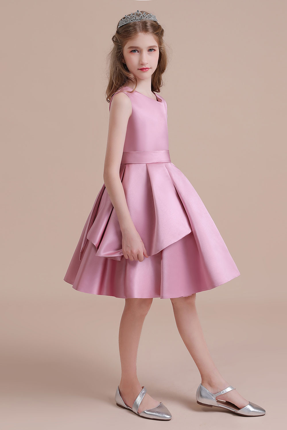A-line V-neck Sleeveless Knee-length Satin Flower Girl Dress With Ribbons 3