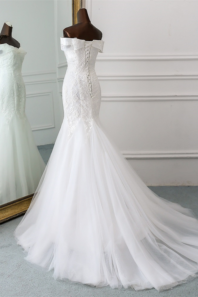 Mermaid Off-the-shoulder Sweetheart Neck Sleeveless Floor-length Tulle Bridal Attire With Appliques 4