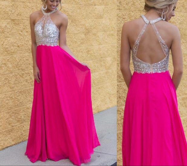 A-line Halter-neck Sleeveless Floor-length 100D Chiffon Evening Gown With Crystal 2