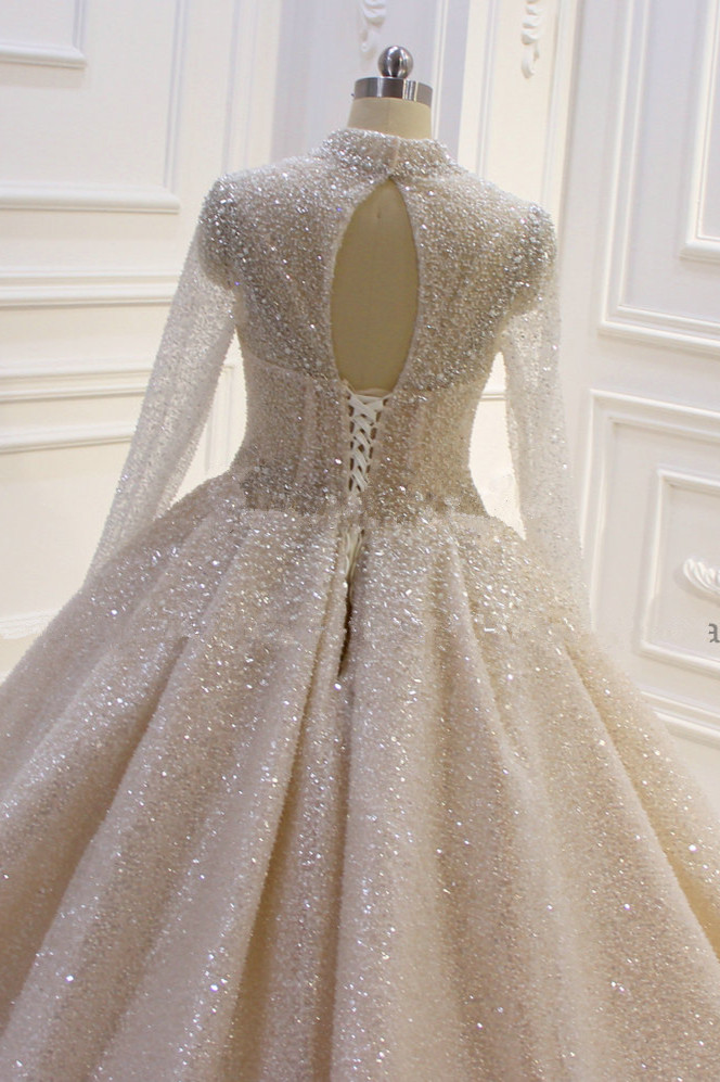 Ball Gown High Neck Long Sleeves Floor-length Tulle Bridal Gown With Sequins 3