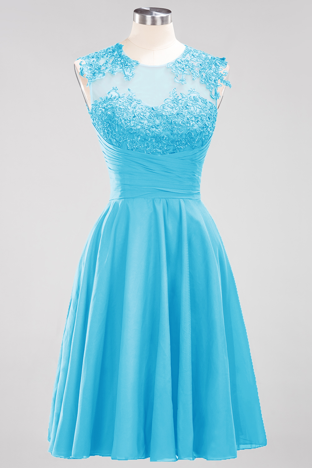 A-line Jewel Neck Sleeveless Knee-length 100D Chiffon Bridesmaid Dress With Appliques 25