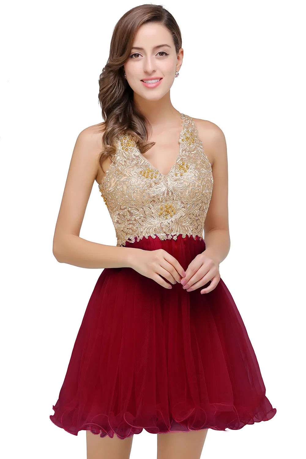 A-line Halter-neck Sleeveless Mini Organza Prom Dress With Appliques 4