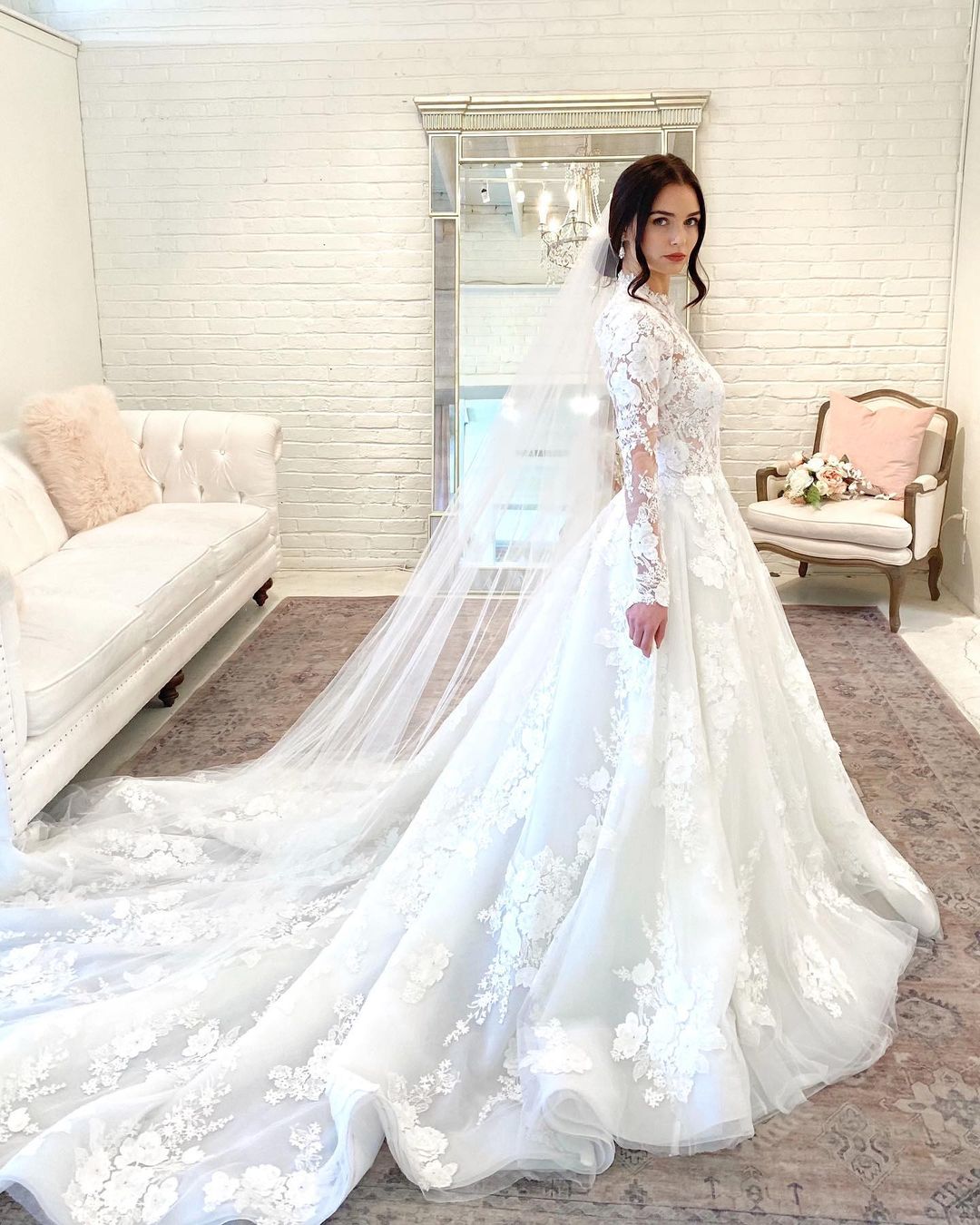 A-line High Neck Long Sleeves Chapel Train Lace Wedding Gown With Beading 2