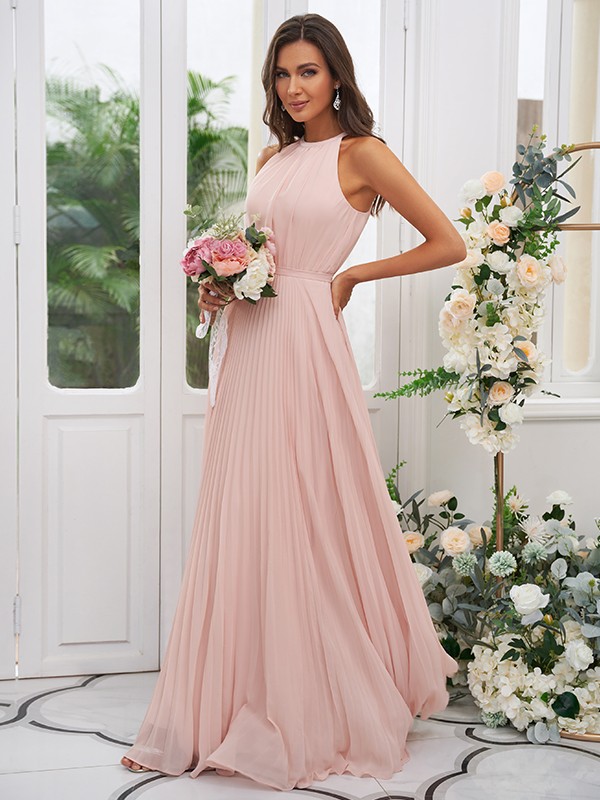 A-line Halter-neck Sleeveless Floor-length 100D Chiffon Bridesmaid Attire With Ruffles 4