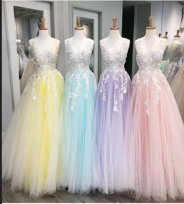 A-line V-neck Sleeveless Floor-length Tulle Evening Dress With Lace 6