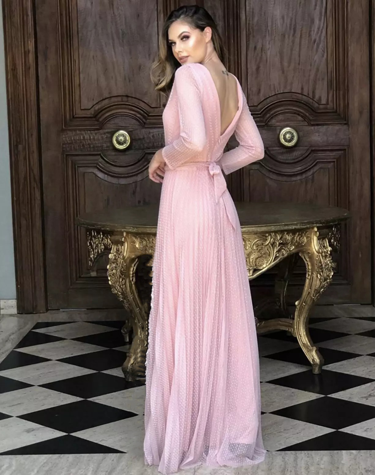 A-line V-neck Long Sleeves Floor-length Cocktail Party Dress 2