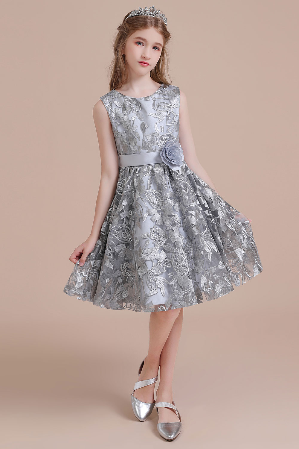 A-line Jewel Neck Sleeveless Knee-length Tulle Flower Girl Dress With Embroidery 7