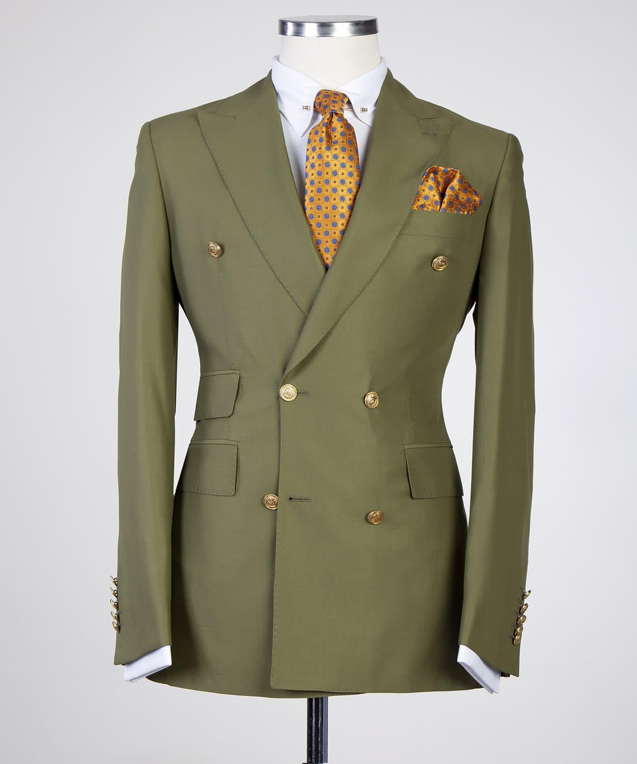 Olive Green Close Fitting Double Breasted Prom Men Suit with Peaked Lapel 3
