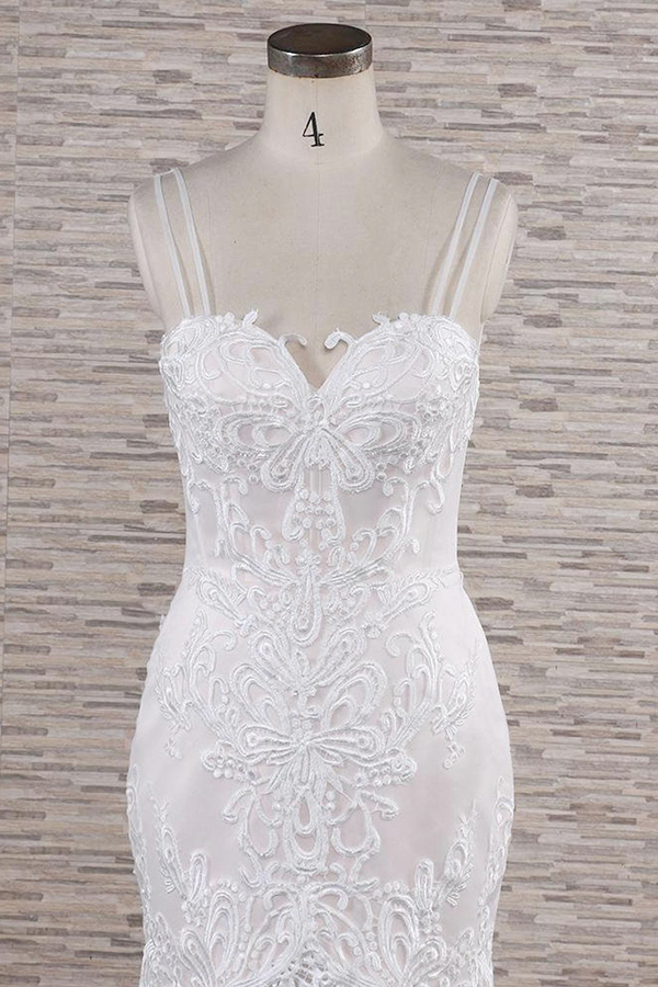 Mermaid Spaghetti Straps Sleeveless Chapel Train Tulle Wedding Gown With Lace 4