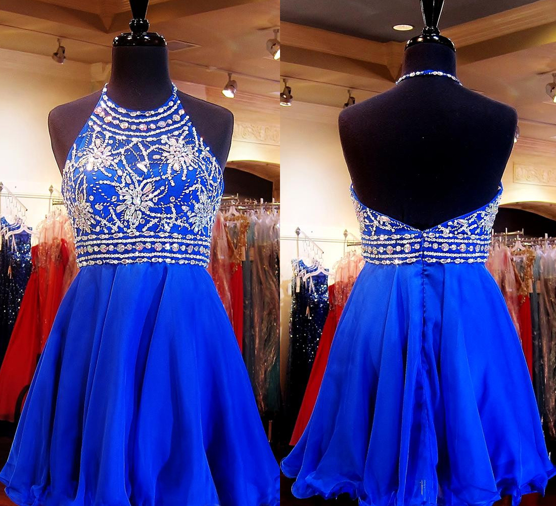 A-line Halter-neck Sleeveless Mini 100D Chiffon Party Dress With Crystal 2
