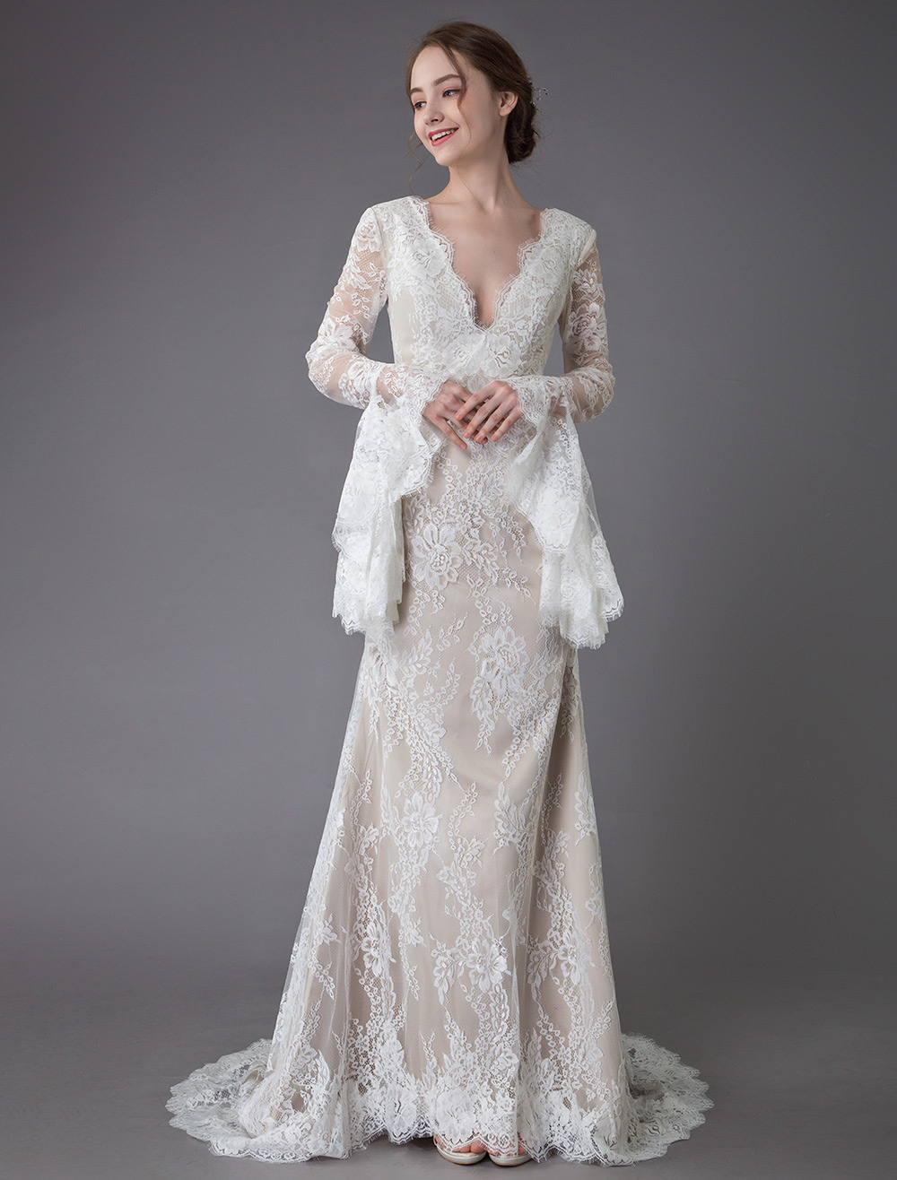 Column Plunging Neckline Long Sleeves Court Train Lace Bridal Dress With Lace 4