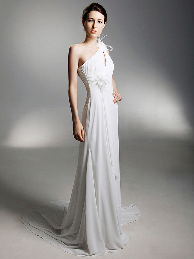 Column One Shoulder Sleeveless Chapel Train Tulle Bridal Gown With Appliques 4