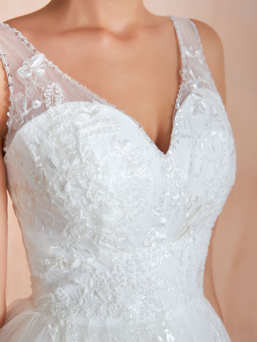 A-line V-neck Sleeveless Floor-length Lace Bridal Dress With Lace 9