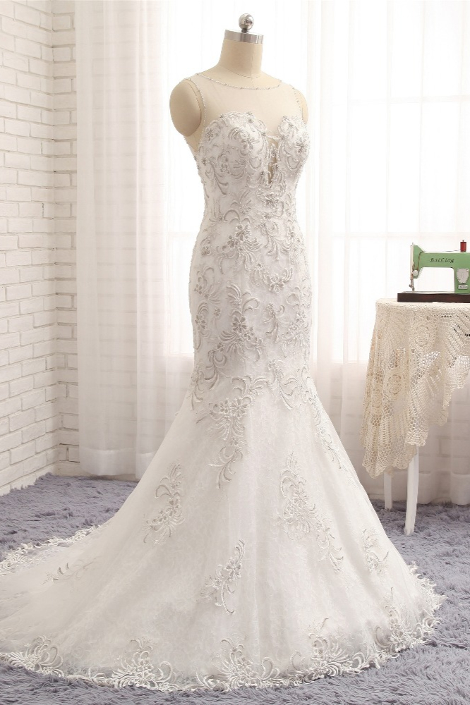 Mermaid Jewel Neck Sleeveless Floor-length Wedding Dress With Lace 3
