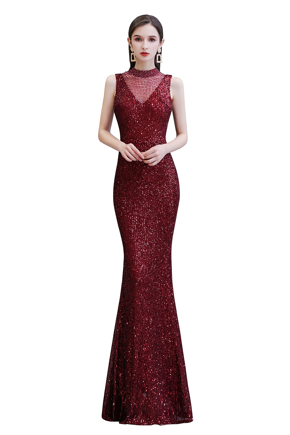 Mermaid Jewel Neck Sleeveless Sweep / Brush Train Tulle Evening Gown With Sequins 3