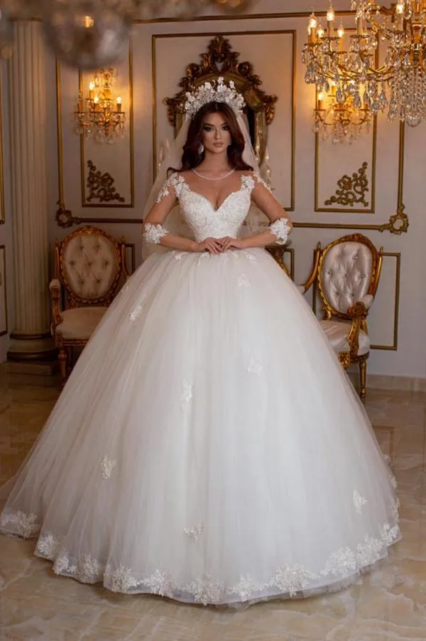 Lace Appliqued Tulle Ball Gown Wedding Dress with Illusion Sleeves 1