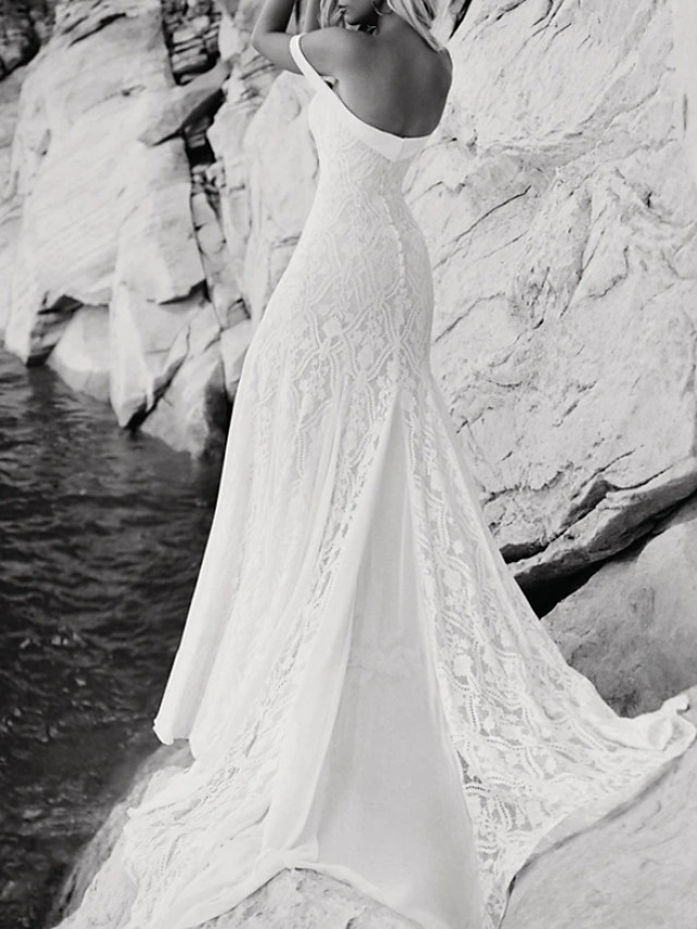 Mermaid Sweetheart Neck Short Sleeves Sweep / Brush Train Tulle Wedding Gown With Lace 4