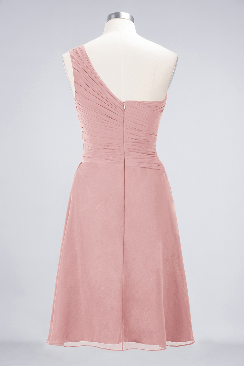 A-line One Shoulder Sweetheart Neck Sleeveless Knee-length 100D Chiffon Bridesmaid Attire With Ruffles 14