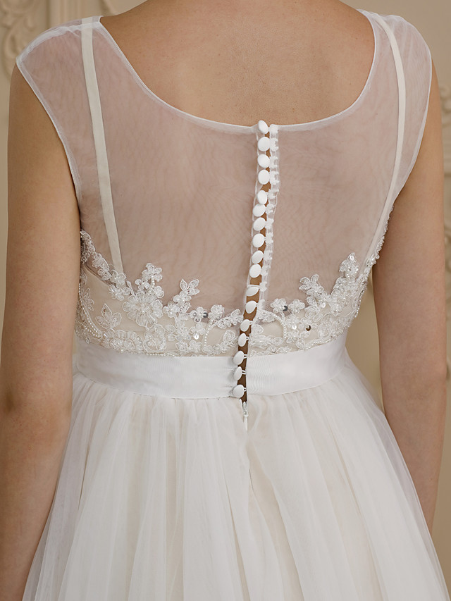 A-line Cap Sleeves Sweep / Brush Train Tulle Bridal Gown With Buttons 7