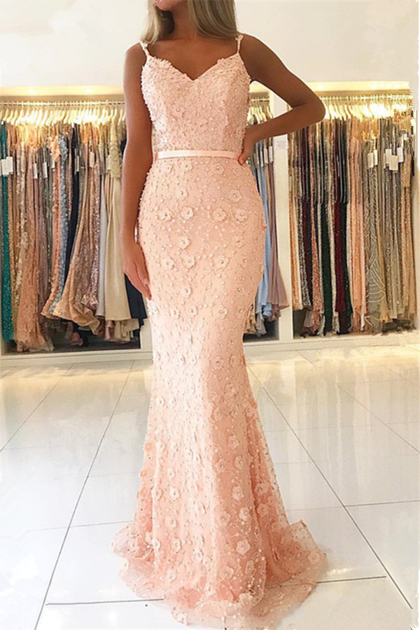 Column Spaghetti Straps Sleeveless Floor-length Evening Dress With Flower(s) 2