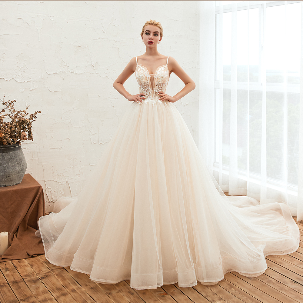 A-line Spaghetti Straps V-neck Sleeveless Cathedral Train Tulle Wedding Dress With Beading 6